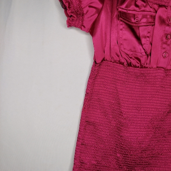 Guess Y2K Vtg Smocked Empire Top Medium Pink Satin Puffed Short Sleeve Button - Picture 3 of 9